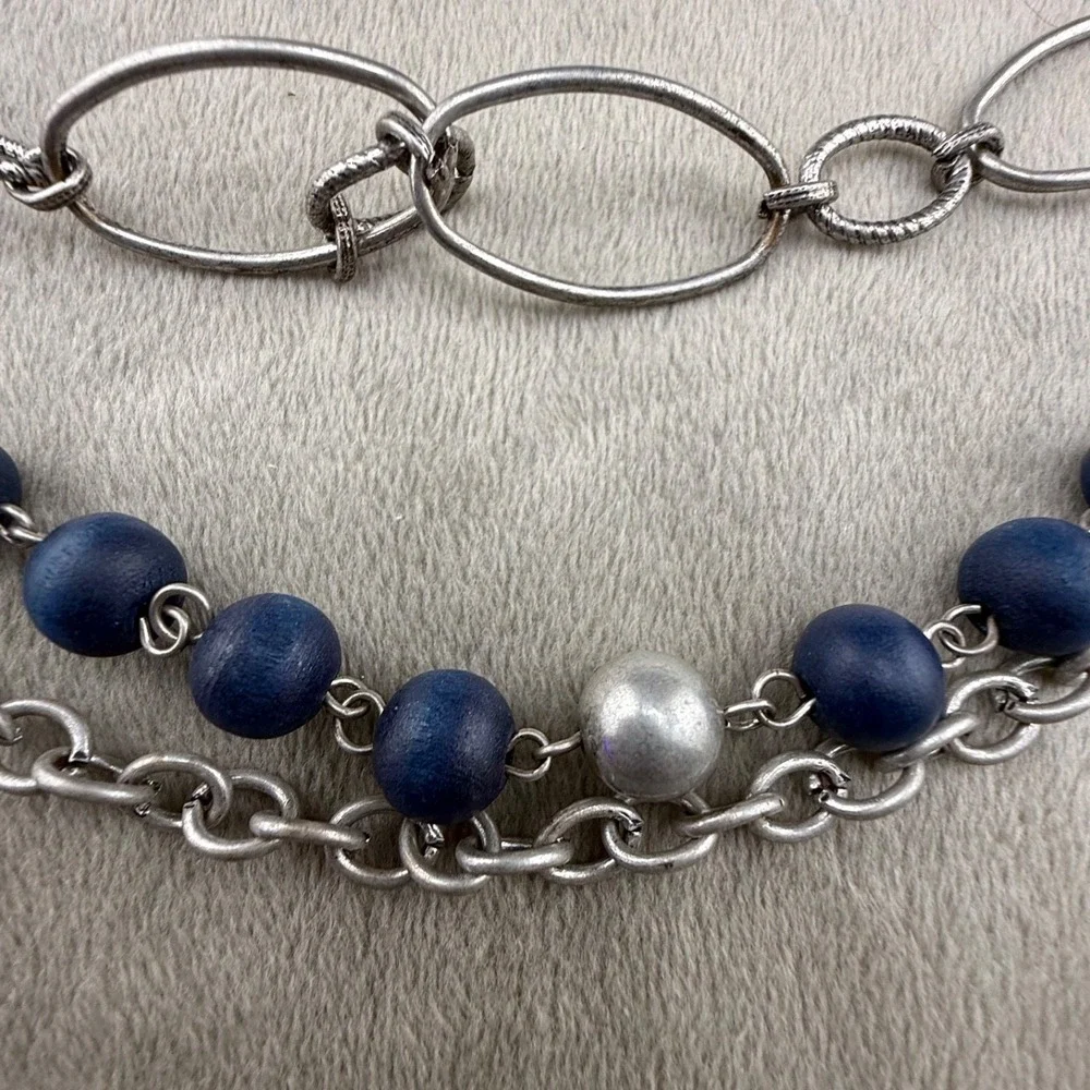 Estate Jewelry Set Blue Necklace Clip On Earrings Geometric Layered 34